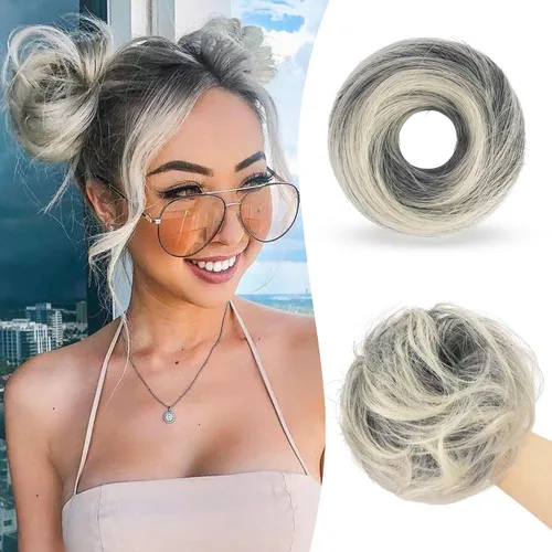 Miniatura 40 de Sofeiyan 2 piezas de extensión de cabello rizado ondulado en forma de moño desordenado, mini moño desordenado con banda elástica, peluca sintética