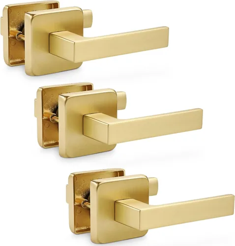 Miniatura 10 de Linkaa Paquete de 2 manijas de puerta cuadradas de latón satinado para puertas interiores para armario y pasillo, lavandería interior (1 par