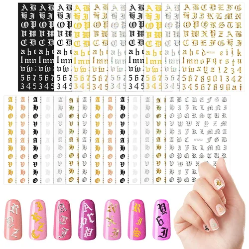 Miniatura 8 de Maitys 24 hojas de calcomanías para uñas con letras holográficas 3D, autoadhesivas, para uñas inglesas antiguas, doradas, negras y blancas, diseño