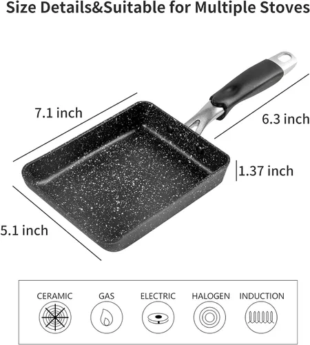 Miniatura 4 de Sartén Tamagoyaki prémium de 7 x 5 pulgadas, sartén para tortilla japonesa antiadherente, sartén japonesa para huevos con tapa y cepillo de aceite
