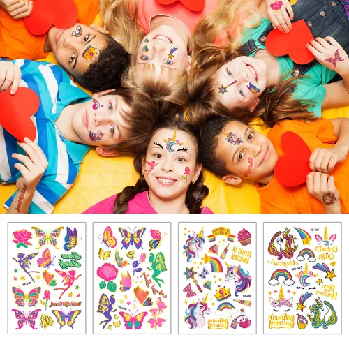 Miniatura 5 de Más de 250 tatuajes temporales para niños, 15 hojas de diseños mixtos de purpurina, tatuajes falsos impermeables para niños, temática de sirena