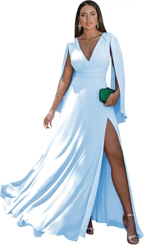 Miniatura 23 de Women's Long Sleeve Bridesmaid Dresses V-Neck Chiffon Ruched Formal Dress Evening Gown with Slit