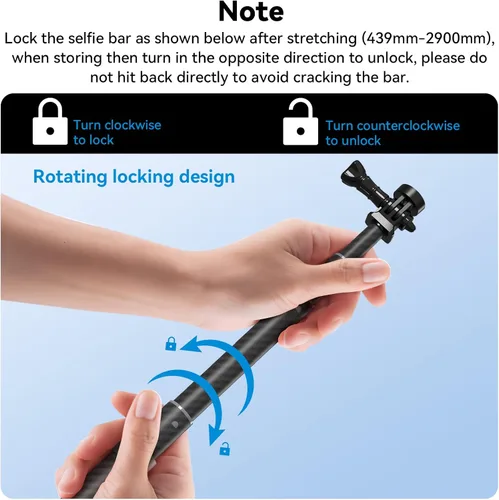 Miniatura 5 de TELESIN G3 Extensión Selfie Stick Pole (118"/3M 100% fibra de carbono), monopié de luz invisible para DJI Osmo Nano 360 Action 6 5 Pro 4 Pocket 3 4