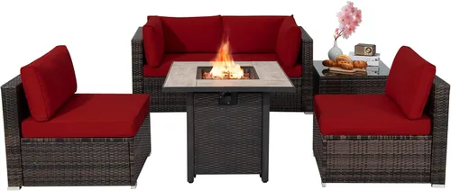 Miniatura 10 de Tangkula Patiojoy Juego de sofá de ratán para exteriores de 6 piezas con mesa de fuego de gas propano de 30 pulgadas, mesa de cerámica para fuego