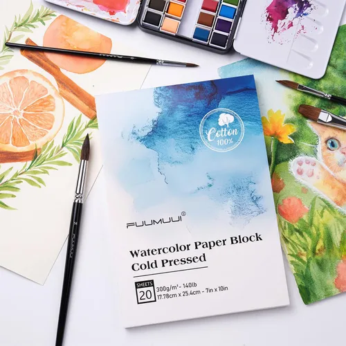 Miniatura 8 de Bloque de papel de acuarela de 7 x 10 pulgadas, bloc de papel Fuumuui 100% algodón, 20 hojas, prensado en frío, sin ácidos, 140 libras/10.58 oz/m²
