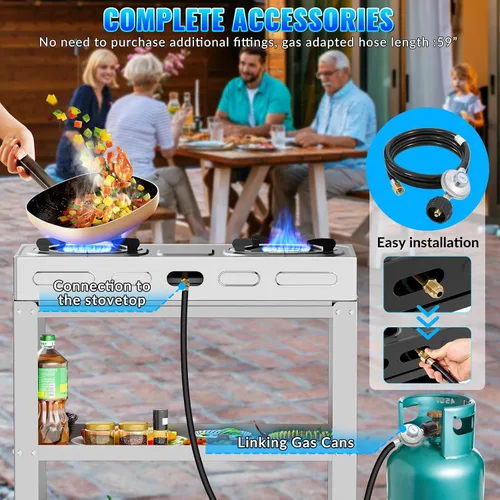 Miniatura 7 de Estufa de gas propano de 2 quemadores, estufa de gas portátil de 19000 BTU con soporte para patas y adaptador, estufa de campamento de encendido