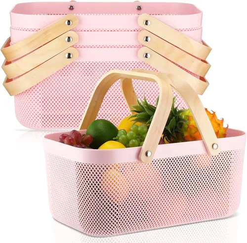 Miniatura 8 de Sadnyy 4 cestas de almacenamiento de malla de plástico para cosecha de jardín con mango de madera, contenedor de malla multifuncional para gabinete