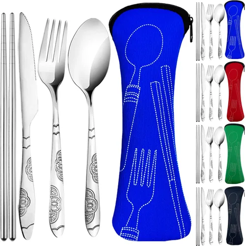 lengnoyp - Juego de 20 utensilios de viaje de alta calidad con estuche, utensilios portátiles reutilizables de acero inoxidable con estuche, juego