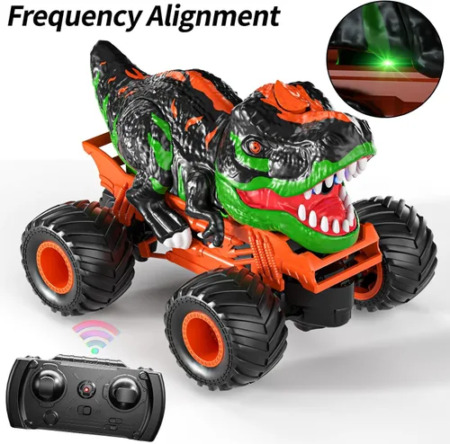 Miniatura 2 de TEMI Camión T-rex a control remoto para niños de 3 a 5 años, camión monstruo a escala 1:24 con rugido, luz y niebla en aerosol, camión de dinosaurio