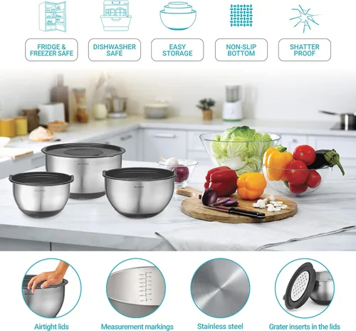Miniatura 5 de Tazones para mezclar con tapas herméticas, juego de 8 cuencos de mezcla anidables de acero inoxidable con 3 accesorios para rallar y parte inferior