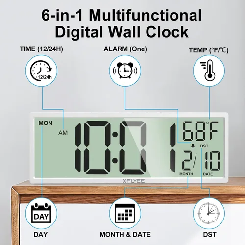 Miniatura 7 de Reloj de pared digital grande de 14.5 pulgadas, funciona con pilas con números gigantes, DST automático, día, fecha, alarma, temperatura para sala