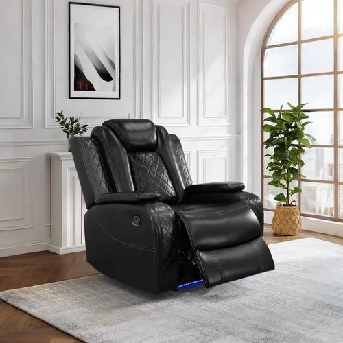 Miniatura 8 de Juego de sofá reclinable eléctrico, juego de sofá reclinable de cuero con luz LED y portavasos, juego de muebles reclinables de cuero eléctrico