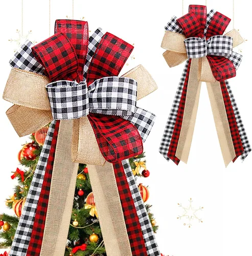 Lazos para Coronar Árbol de Navidad Cuadros de Búfalo Rojo Negro Blanco Adornos Hechos a Mano para Corona Puerta Arpillera Decoración Rústica de