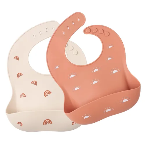 ROCCED Baberos de silicona para bebé, 2 juegos de baberos con receptor de alimentos para niñas y niños pequeños, sin BPA, impermeables, suaves,