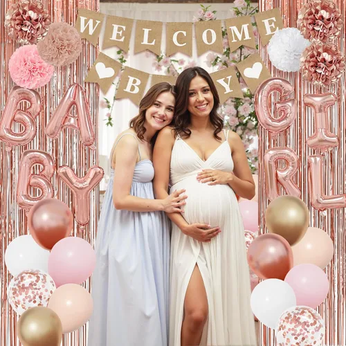 Miniatura 5 de Ouddy Party Decoraciones de Baby Shower Oro Rosa para Niña con Pancarta Welcome Baby Niñas Bebés Globos de Papel de Aluminio Oro Rosa Rosa Dorado