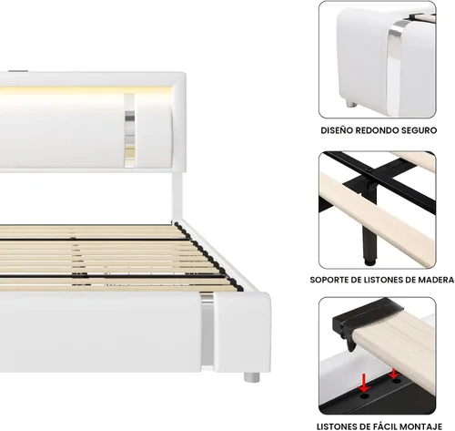 Miniatura 8 de Keyluv Marco de Cama Queen con Cabecero de Luces LED RGB y 2 Cajones de Almacenamiento, Plataforma Inteligente Moderna Tapizada de Cuero Sintético