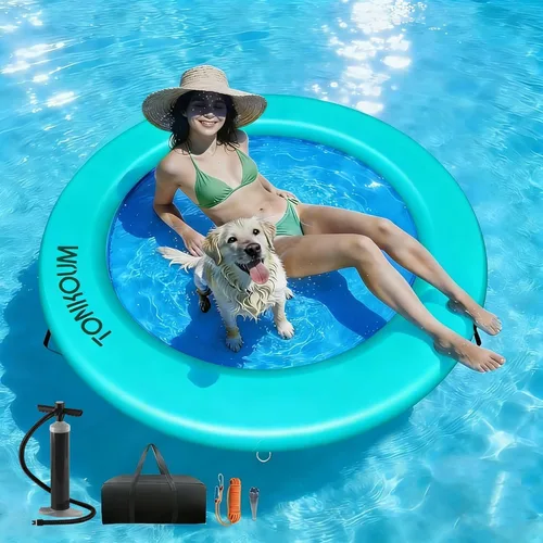 Miniatura 9 de Water Hammock Inflatable Dock, 3.8ft/6ft/8ft Floating Raft Circular Water Island, Float Rings Air Mesh Platform for Lake/River/Swim Pool