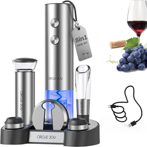 CIRCLE JOY Juego de abridor eléctrico de botellas de vino de acero inoxidable, recargable, 8 en 1, juego de regalo de vino con base de carga, Plata