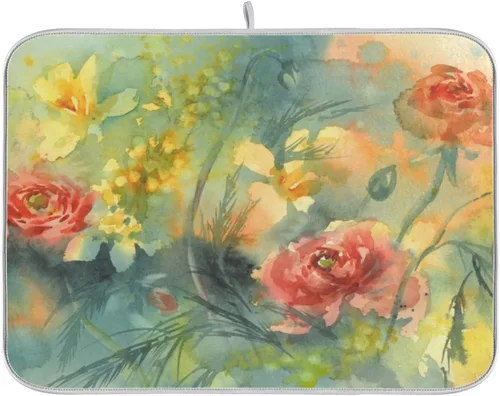 Miniatura 25 de Tapete de secado de platos de flores de fondo negro para encimera de cocina de 18 x 24 pulgadas, tapete de microfibra absorbente, tapete de secado