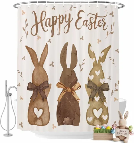 LooPoP Cortina de ducha de Pascua con ganchos, tela impermeable, diseño de flores, zanahoria, conejo, juego de cortinas de ducha para baño, bañeras,