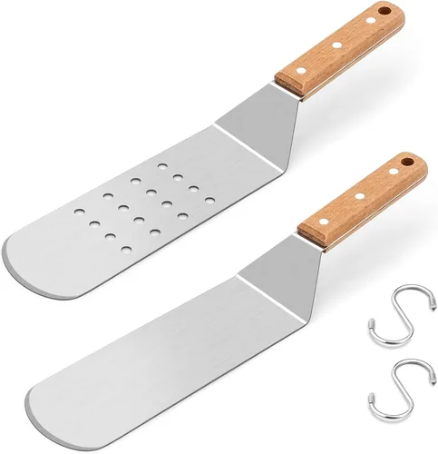 Miniatura 8 de HaSteeL Espátula de plancha de metal, acero inoxidable larga con mango remachado, girador de hamburguesas perforado resistente y sólido para cocinar