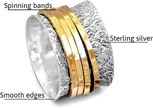 Miniatura 3 de Boho-Magic Anillo giratorio de plata de ley 925 para mujer con 4 anillos de latón para ansiedad, banda ancha gruesa, Metal