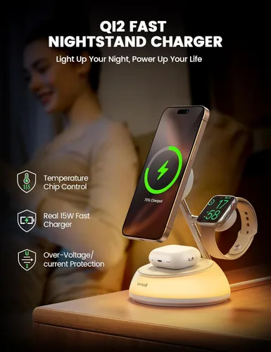 Miniatura 11 de Lamicall Estación de carga inalámbrica 4 en 1 con certificación Qi2 para Magsafe, [luz nocturna LED] Soporte de cargador magnético rápido de 15 W