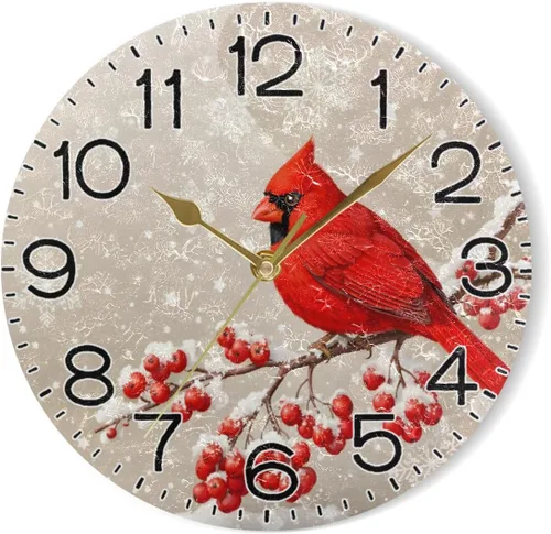 Miniatura 7 de ALAZA Reloj de pared de copo de nieve de pájaro rojo, funciona con pilas, silencioso, de cuarzo, analógico, rústico, rústico, reloj redondo, Rojo