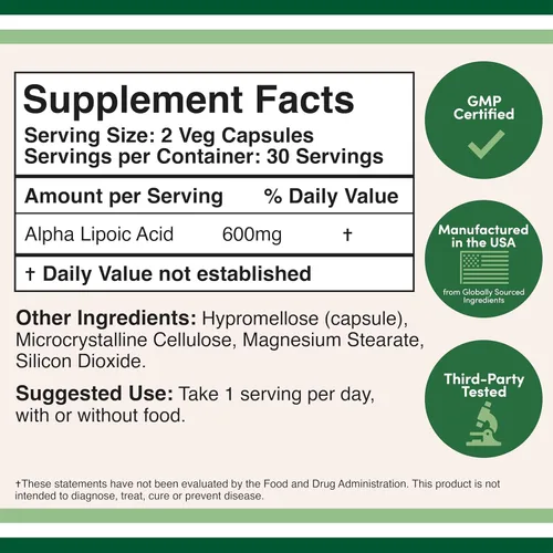 Miniatura 2 de Ácido Alfa Lipóico 600 mg por porción, 60 cápsulas (Tercera parte probada, sin transgénicos, sin gluten, seguro para veganos) Potente antioxidante