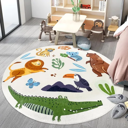 Miniatura 10 de Alfombra de juego para niños, alfombra circular de animales de 4 pies, alfombra redonda de zoológico para dormitorio, para niños y niñas, decoración