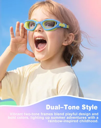 Miniatura 3 de Gafas de natación para niños en doble tono, almohadillas ajustables para la nariz y silicona suave a prueba de fugas (6-14), visión clara, antivaho