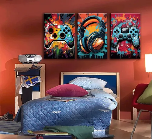 Miniatura 2 de 3 piezas de arte de pared para juegos geniales, pósters de acuarela de videojuegos retro, cuadros coloridos de mando de neón, impresiones de pintura