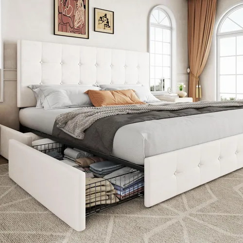 Miniatura 23 de Allewie - Base de cama tapizada de tamaño Full con plataforma, con 4 cajones de almacenamiento y cabecero, diseño cosido en cuadrados con botones