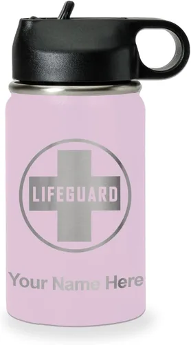 Miniatura 19 de LaserGram Botella de agua personalizada, salvavidas, acero inoxidable de doble pared aislada al vacío con popote superior, regalo grabado Negro