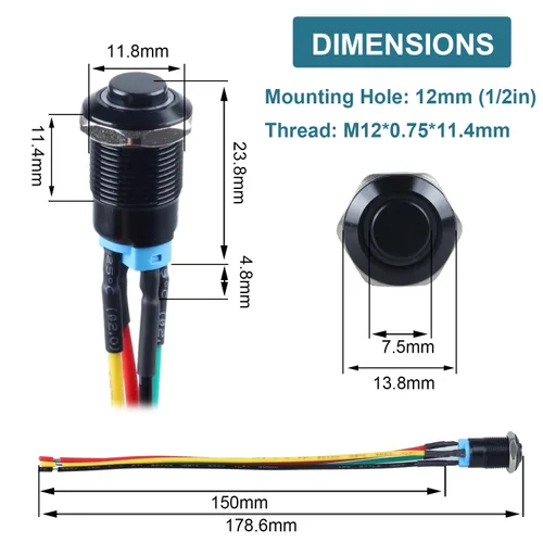 Miniatura 4 de 2 interruptores de botón con pestillo de 0.472 in con cable pre-soldado de 5.9 in 1NO 12V-24V ON-Off para orificio de montaje de 1/2 pulgada, anillo