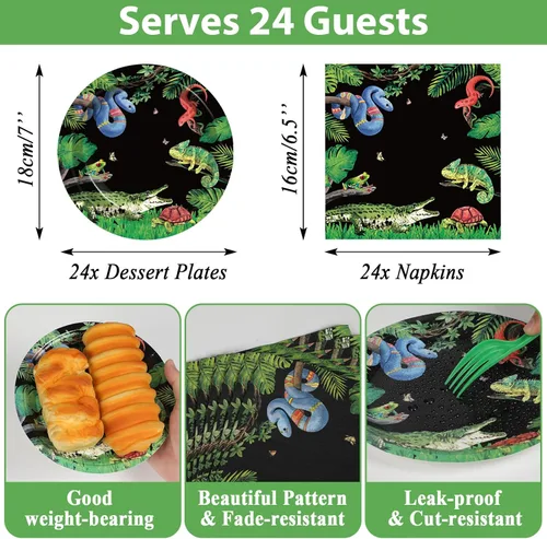 Miniatura 2 de Suministros para fiesta de cumpleaños de serpiente de reptil, sirve 24 platos de papel para fiesta de lagarto, servilletas, mantel de serpiente
