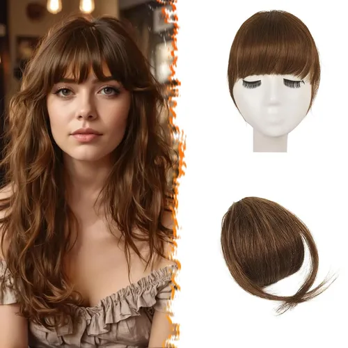 Miniatura 16 de BARSDAR Flequillo postizo de pelo humano real - Flequillo postizo 100% pelo humano para mujeres - Extensiones de flequillo ondulado castaño rojizo