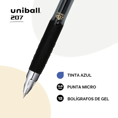 Miniatura 2 de Bolígrafos de gel retráctiles uniball 207, micro punta (0.5 mm), azul, paquete de 12 unidades 2-Azul