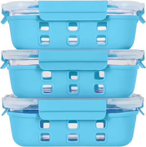 Miniatura 8 de ECOBERI Recipientes de vidrio para preparación de comidas con fundas de silicona, juego de 3 piezas de 4.5 tazas, almacenamiento de alimentos