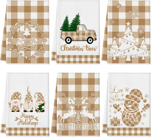 Miniatura 20 de Sratte 6 piezas de toallas de cocina navideñas, toallas de mano de muñecos de nieve de invierno, toallas absorbentes de árbol de Navidad y renos