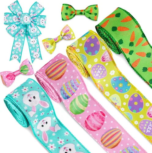Whaline Cinta de Pascua con borde con alambre de 30 yardas, color pastel, huevo de Pascua, conejo, zanahoria, cinta decorativa de envoltura de tela