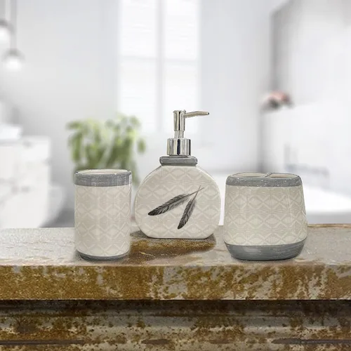 Miniatura 2 de Paseo Road by HiEnd Accents - Juego de accesorios de baño de cerámica con diseño de plumas de 3 piezas con dispensador de loción de jabón, vaso