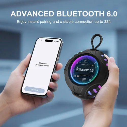 Miniatura 6 de Altavoz Bluetooth inalámbrico, altavoz portátil de dientes azules con IPX6 impermeable, batería de 2500 mAh, emparejamiento TWS, luz RGB, micrófono