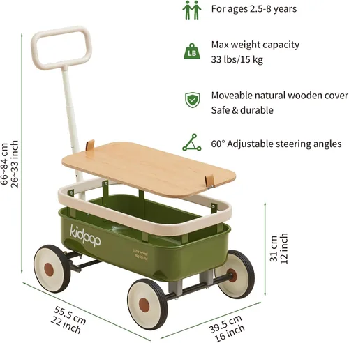 Miniatura 2 de kidpop PULA-Wild Vagón de Arrastre 3 en 1 para Niños, Andador de Empuje para Niños Pequeños de 2.5 a 8 años, Cubierta de Madera Extraíble y Manubrio