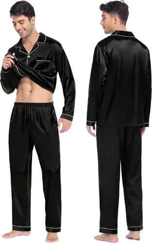 Miniatura 3 de SWOMOG Conjunto de pijama familiar a juego de satén de seda con botones, ropa de dormir de manga larga, conjunto de 2 piezas