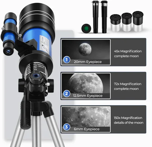 Miniatura 4 de ESAKO - Telescopio para niños y principiantes, telescopios portátiles con apertura de 70 mm y 3 oculares, trípode de altura ajustable y adaptador