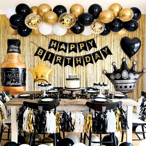 Miniatura 6 de Decoraciones de cumpleaños negras y doradas con pancarta de feliz cumpleaños, cortinas, botella, corona, globos de estrella de corazón y luz LED