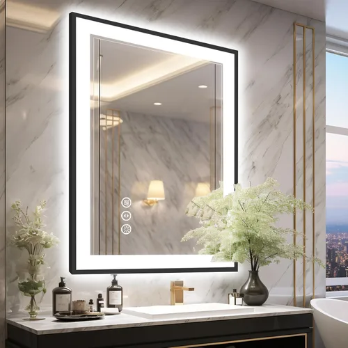 Miniatura 16 de Espejo de baño LED de 20 x 28 pulgadas para pared, marco negro (metal, aluminio), luz frontal y retroiluminada, 3 colores y espejo de tocador