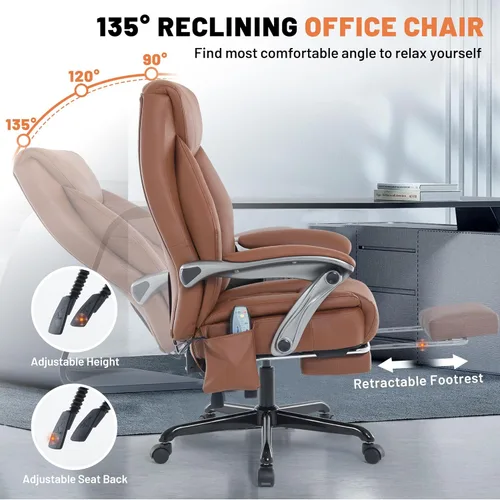 Miniatura 6 de Silla de oficina de masaje con función de calefacción y reposapiés, vibración de 6 puntos, silla de escritorio ergonómica reclinable ejecutiva