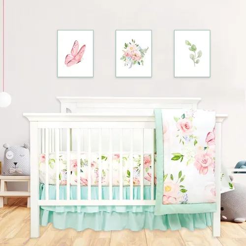 Juego de ropa de cama, juego de cuna de 5 piezas, mariposas florales verdes, incluye manta, edredón, sábana bajera, falda de cuna, apilador de